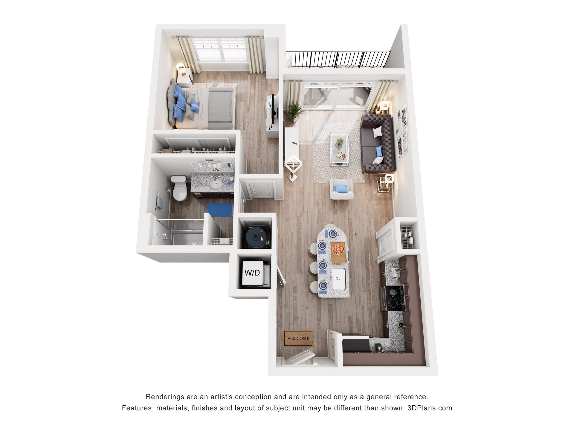 Floor plan for 1 bed, 1 bath, 663 sqft